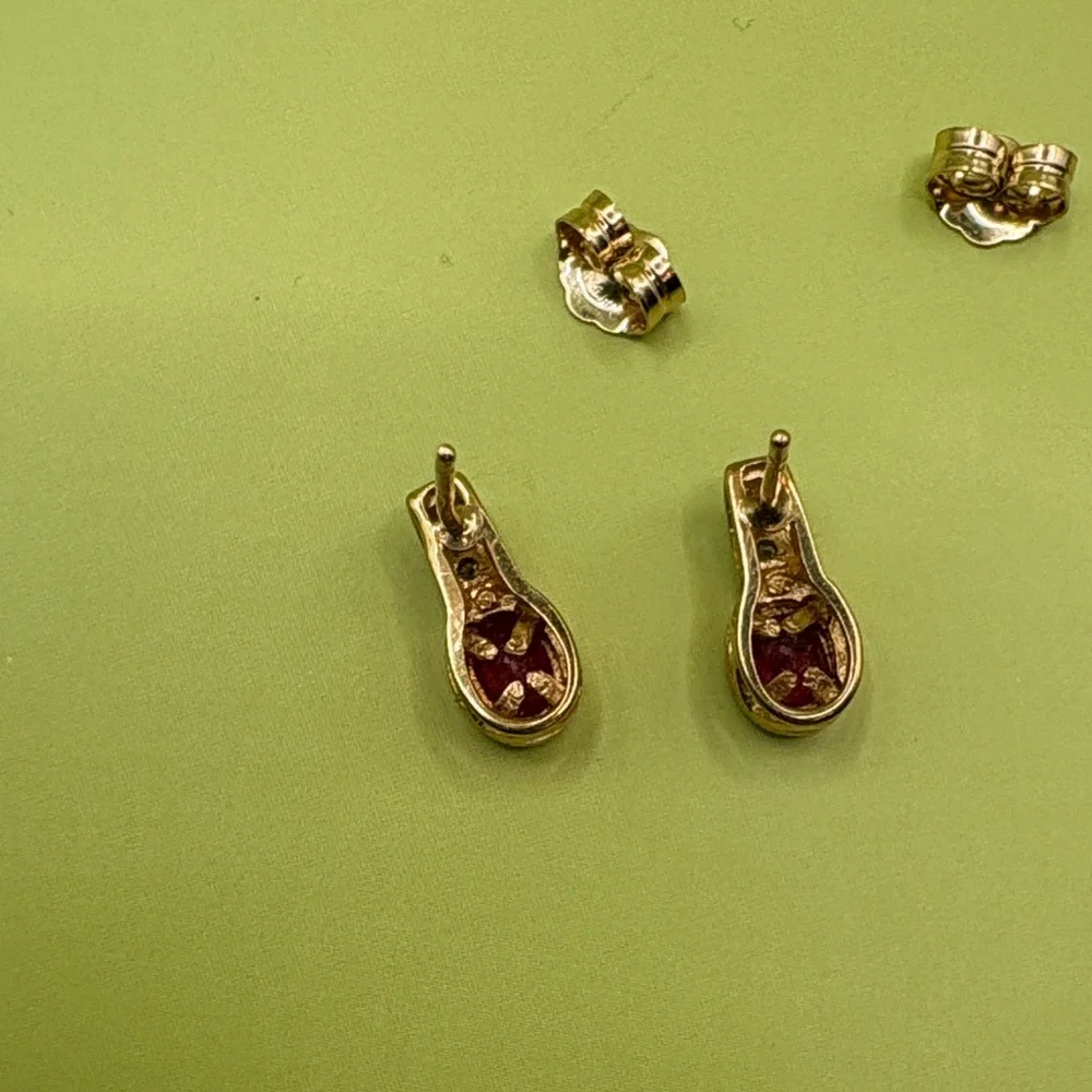 Genuine Ruby and Diamond Chip 14K Gold Stud Earrings - Picture 5 of 9